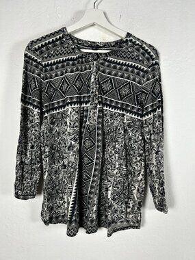 Lucky Brand Womens Black/White Boho Henley Tunic Top Black Tribal & Floral Print